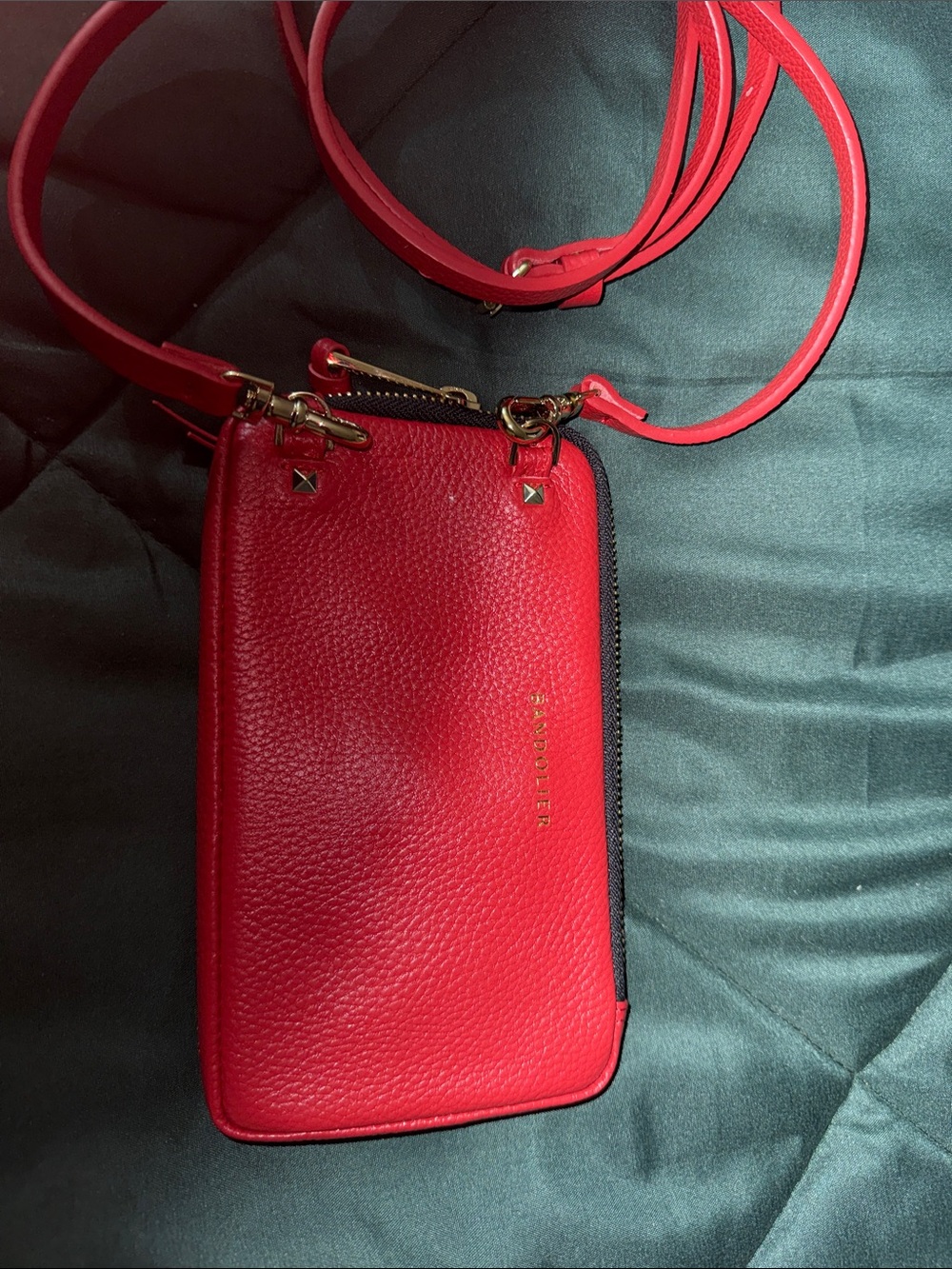 Bandolier Red Leather Zip Wristlet with Gold Logo